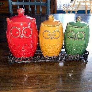 Rustic Style Owl Canister Set of 3 Ceramic Red/Orange/Green